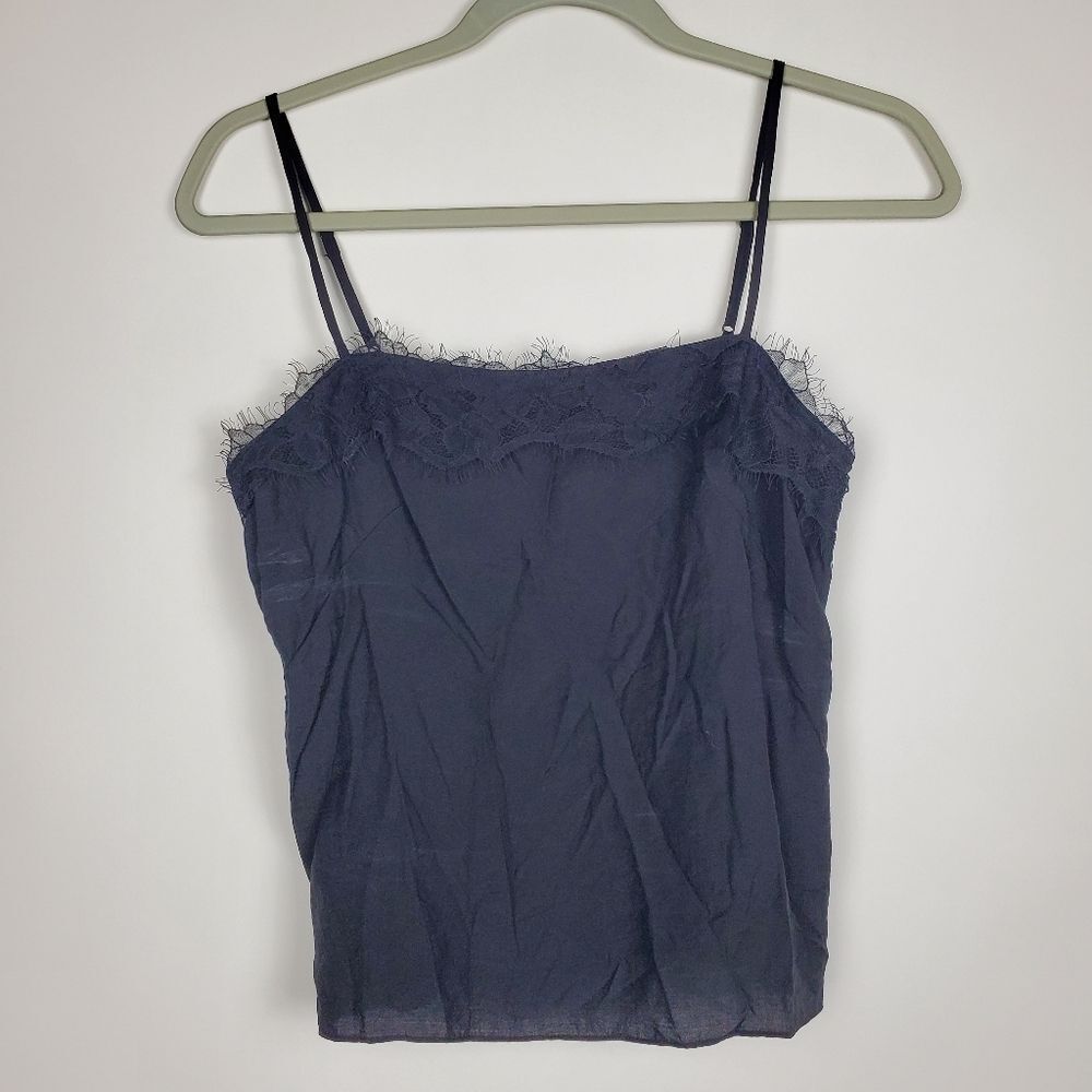 VINCE Lace Trim Cami Hammered Satin Twill Square Neck Camisole Eyelash Sexy NWT - Picture 2 of 7
